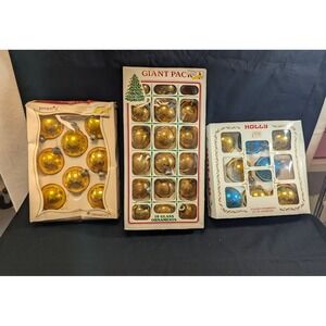 Vintage Glass Christmas Ornaments Gold Blue Pyramid Holly Lot of 34 Pieces